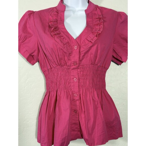 Y2K Vintage Pink Rare Jung Kim USA Babydoll Cinch Waist Top 90’s Button Down - Picture 5 of 10